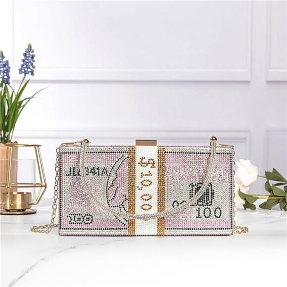 Money Dollar Purse Clutch for Women Rhinestone Evening Handbag Bag Rhinestone - Picture 2 of 7